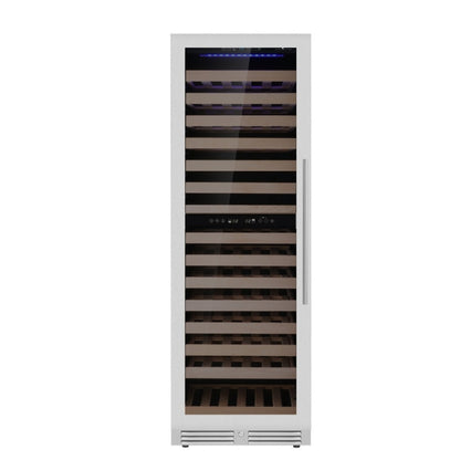 "Front view of the KingsBottle 159 Bottle Dual Zone Wine Cooler model KBU425DX-SS LHH with stainless steel frame and Low-E glass door, showcasing its modern and seamless design."