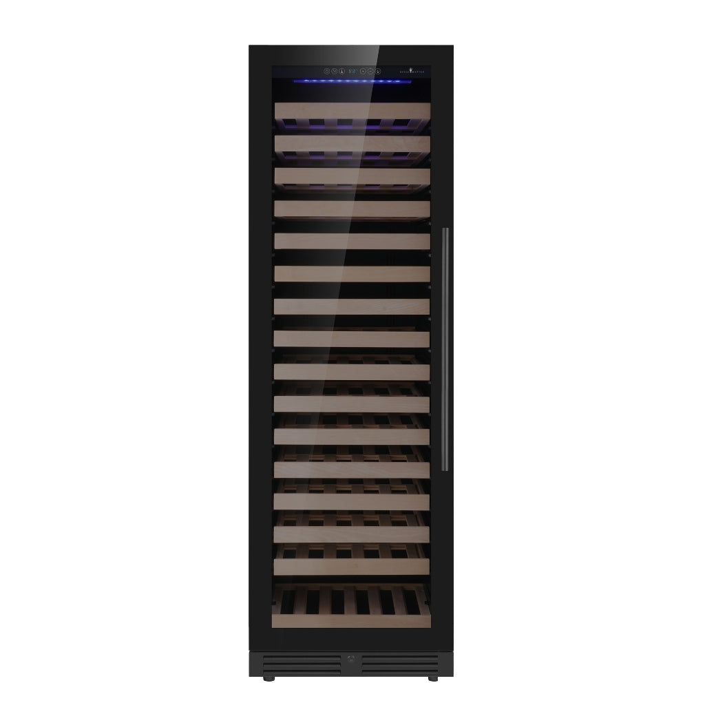 KingsBottle model KBU425WX-FG RHH upright wine cooler with borderless black glass door, storing 159 bottles able to standalone or be built-in a sleek kitchen setting.