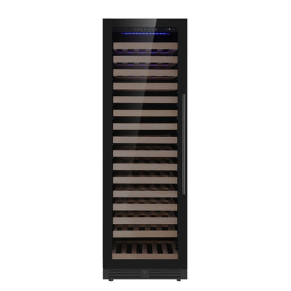 KingsBottle model KBU425WX-FG RHH upright wine cooler with borderless black glass door, storing 159 bottles able to standalone or be built-in a sleek kitchen setting.