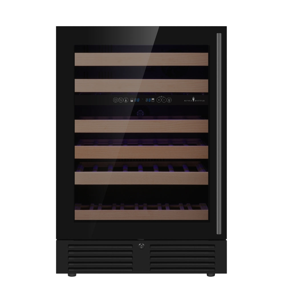 KingsBottle KBU145DX wine cooler ready to be installed between kitchen appliances, showing its front-venting design for built-in placement.