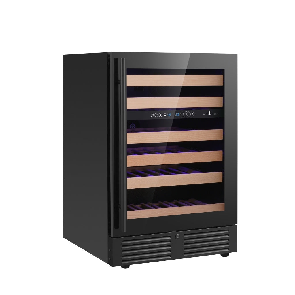 KingsBottle KBU145DX dual-zone wine cooler with sleek black glass door, ready to be built into a modern kitchen island.