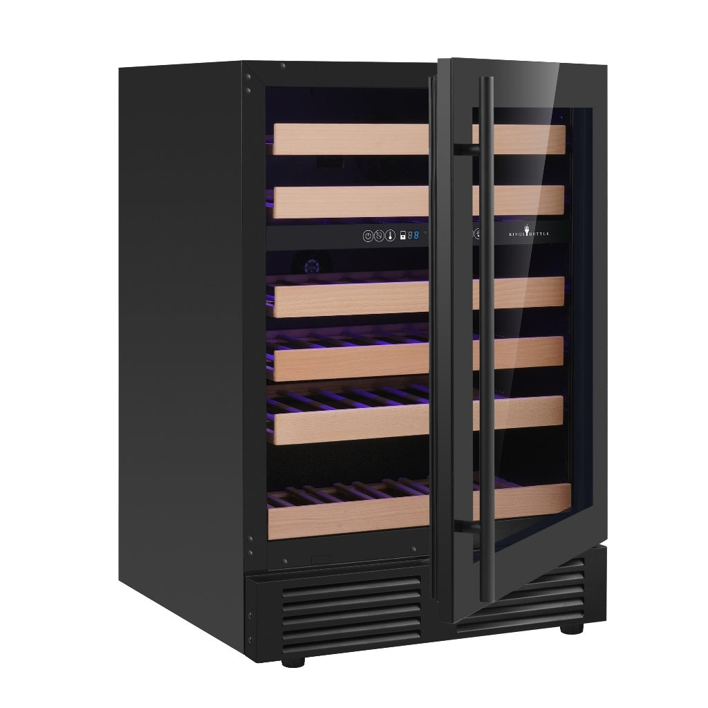 Side angle of KingsBottle KBU145DX wine cooler showcasing six wooden shelves that can hold up to 46 bottles.