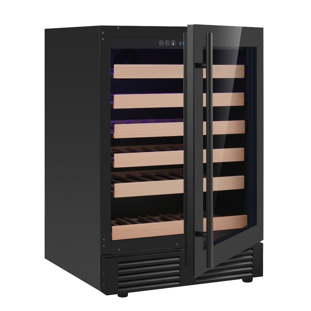  KingsBottle single zone wine cooler with an open door, demonstrating easy access to wine bottles and the sleek black glass design.