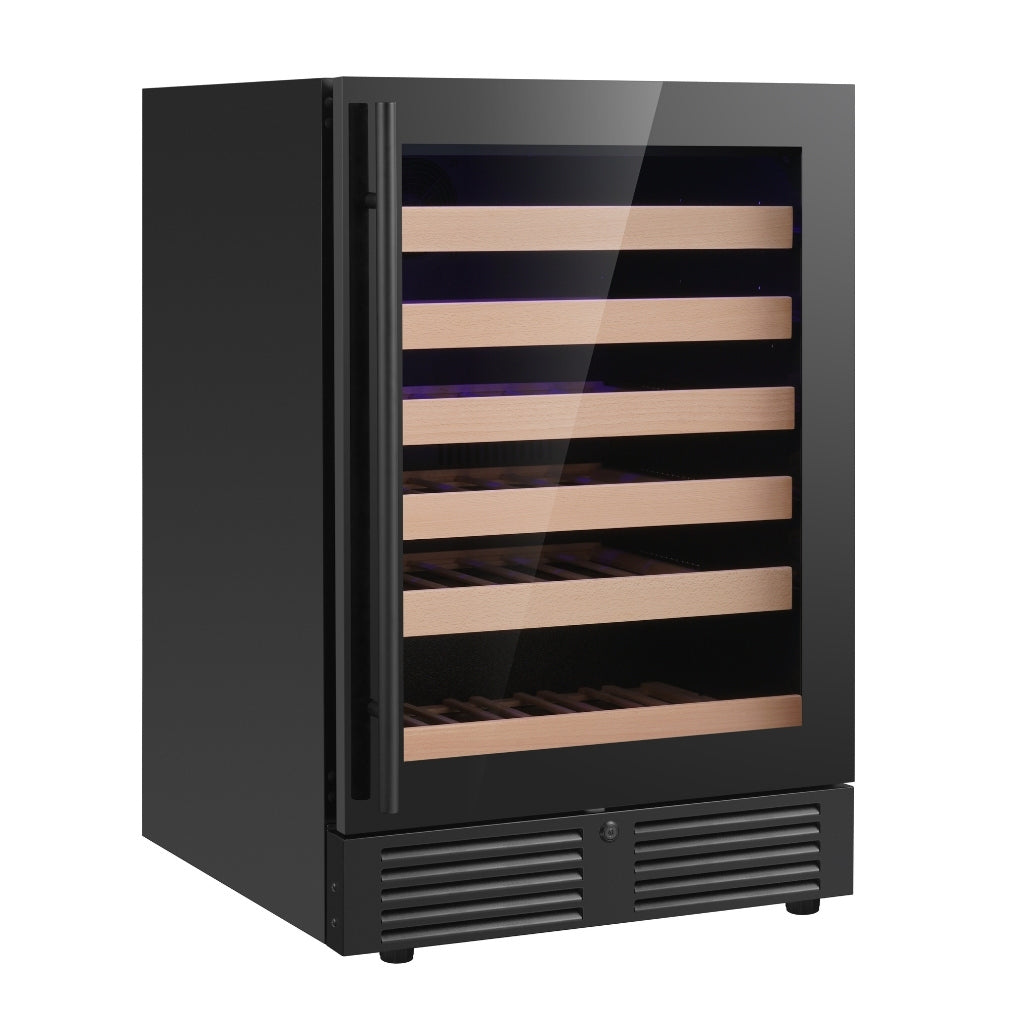 Close-up view of the KingsBottle KBU145WX-FG LHH single zone wine cooler with a borderless black glass door, highlighting its sleek design and hidden hinge.