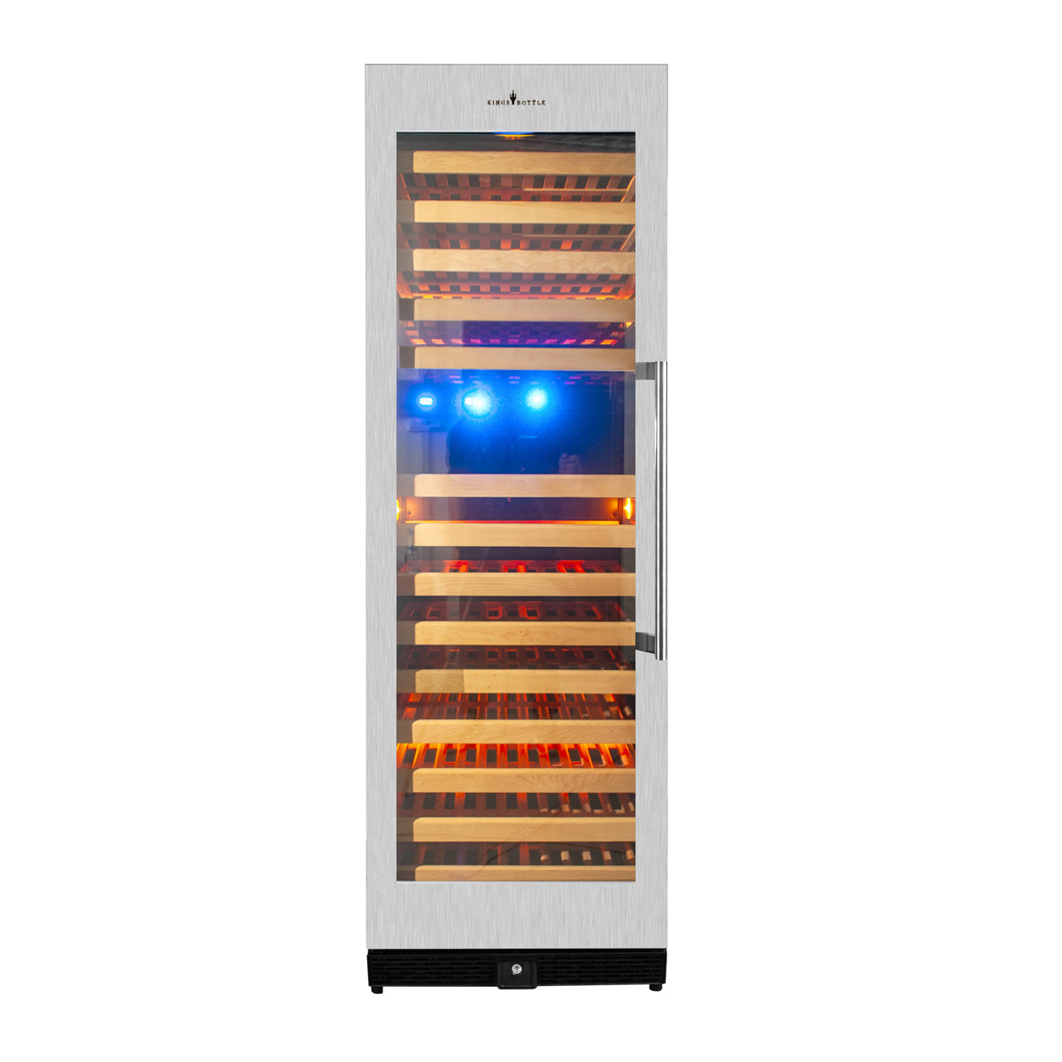 "Front view of KingsBottle dual zone wine cooler KBU170DX-SS LHH, featuring a seamless stainless steel frame with UV-protected glass door and digital touchpad display."