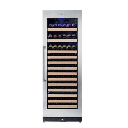 "KingsBottle wine cooler with LED display and digital temperature controls, highlighting the sleek stainless steel frame."