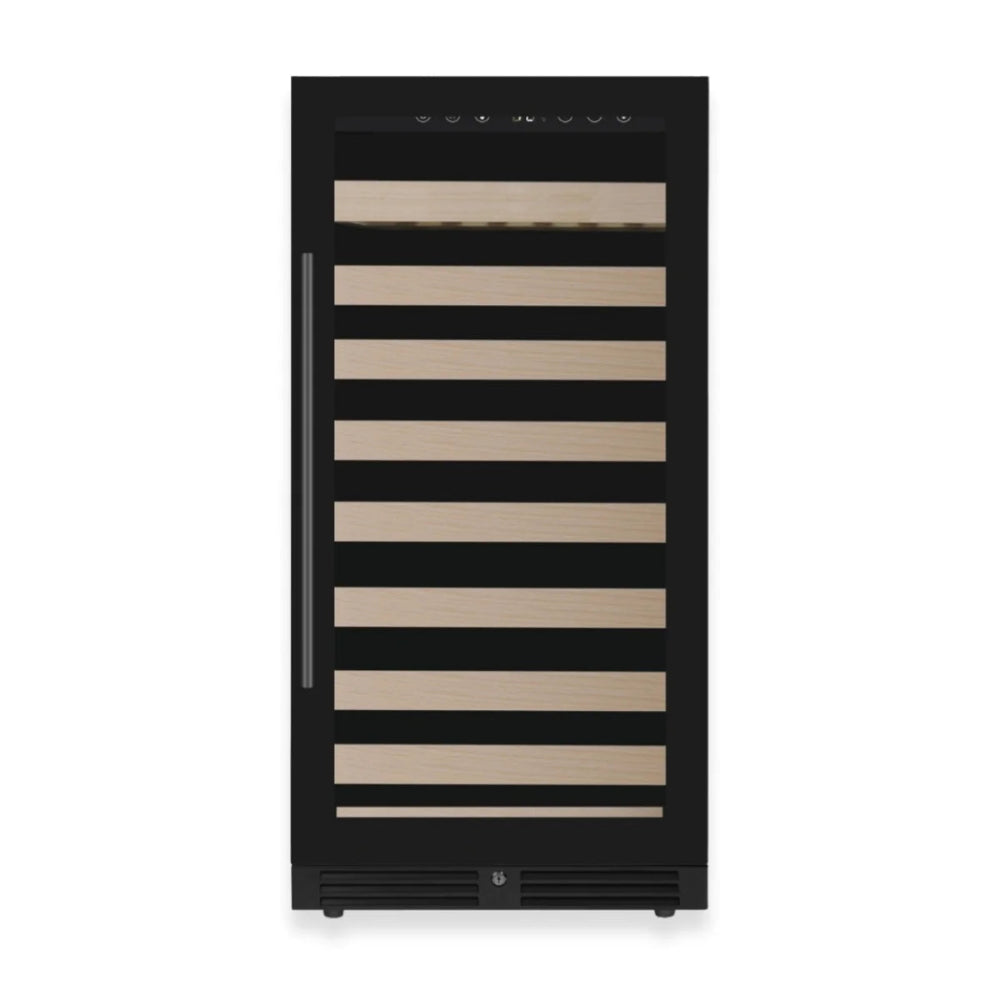 Luxury wine fridge with 99-bottle capacity and wood shelves