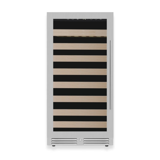 Single-zone wine cooler with stainless steel frame and Low-E glass door