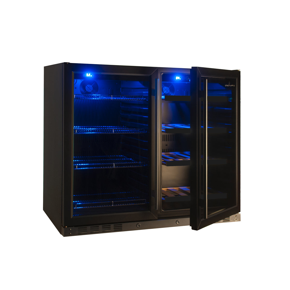 Front view of the 39" under-counter wine and beer fridge combo with double tempered glass doors and black trim, showing the sleek, modern design.