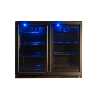 Front view of the 39" under-counter wine and beer fridge combo with double tempered glass doors and black trim, showing the sleek, modern design.