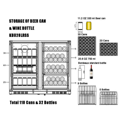 Drawing showing the storage capacity, and configuration to hold up to 100 cans and 28 bottles. 