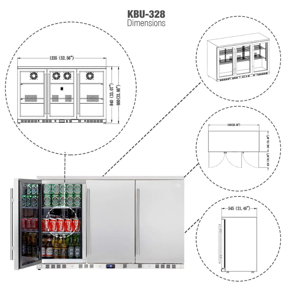 KingsBottle 53" 3-Door Heated Glass Undercounter Beverage Cooler – Commercial Bar Fridge