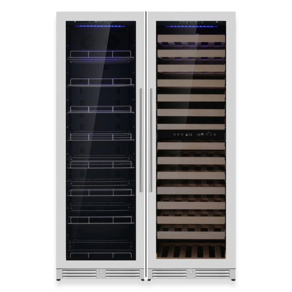 Upright triple zone wine and beverage cooler with stainless steel finish