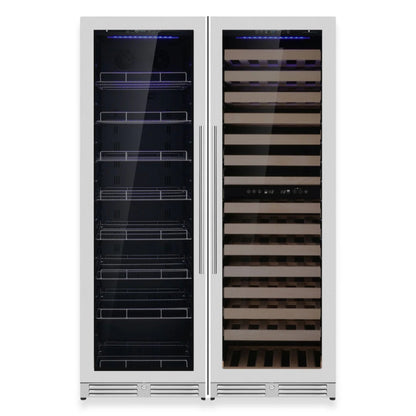 Upright triple zone wine and beverage cooler with stainless steel finish