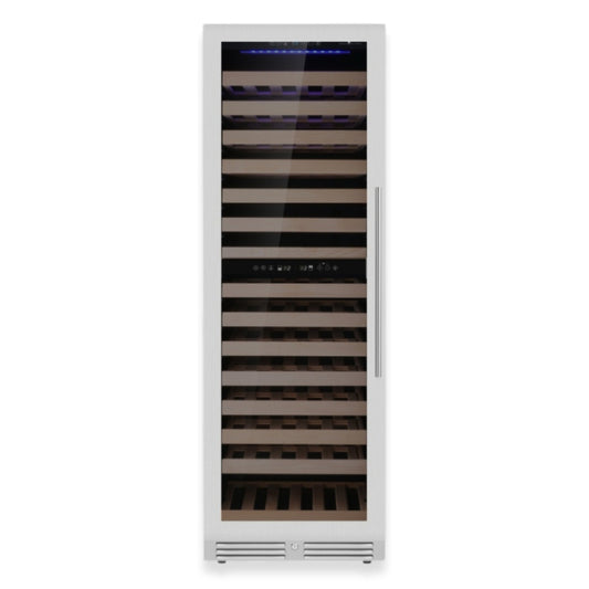 Tall dual zone wine cooler with stainless steel door and glass front