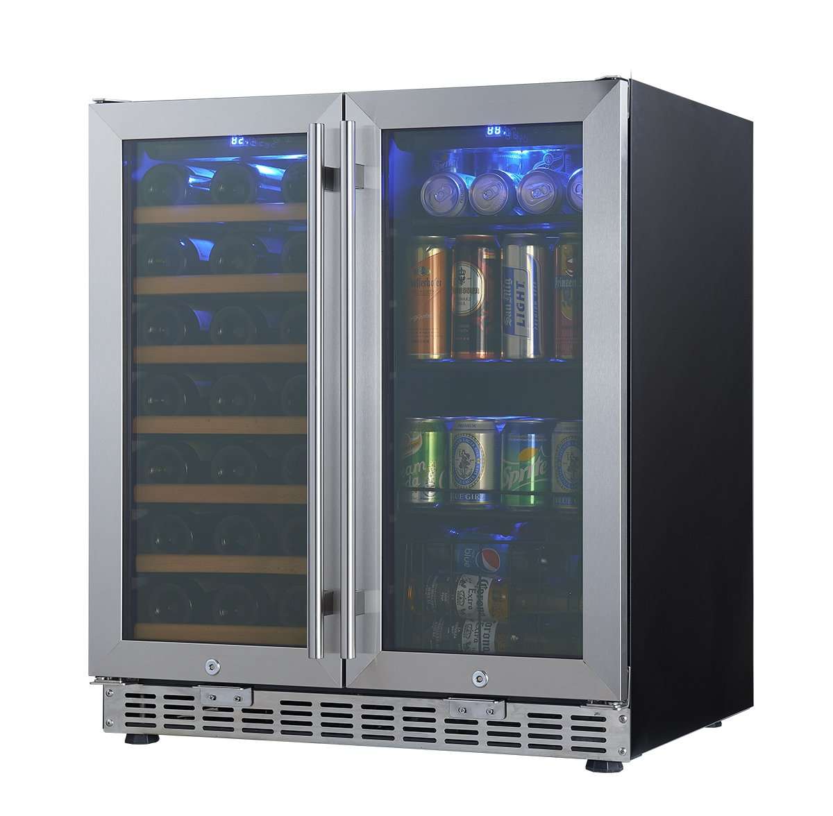 Interior LED lighting illuminating wine bottles and cans in KingsBottle 36" dual-zone fridge.