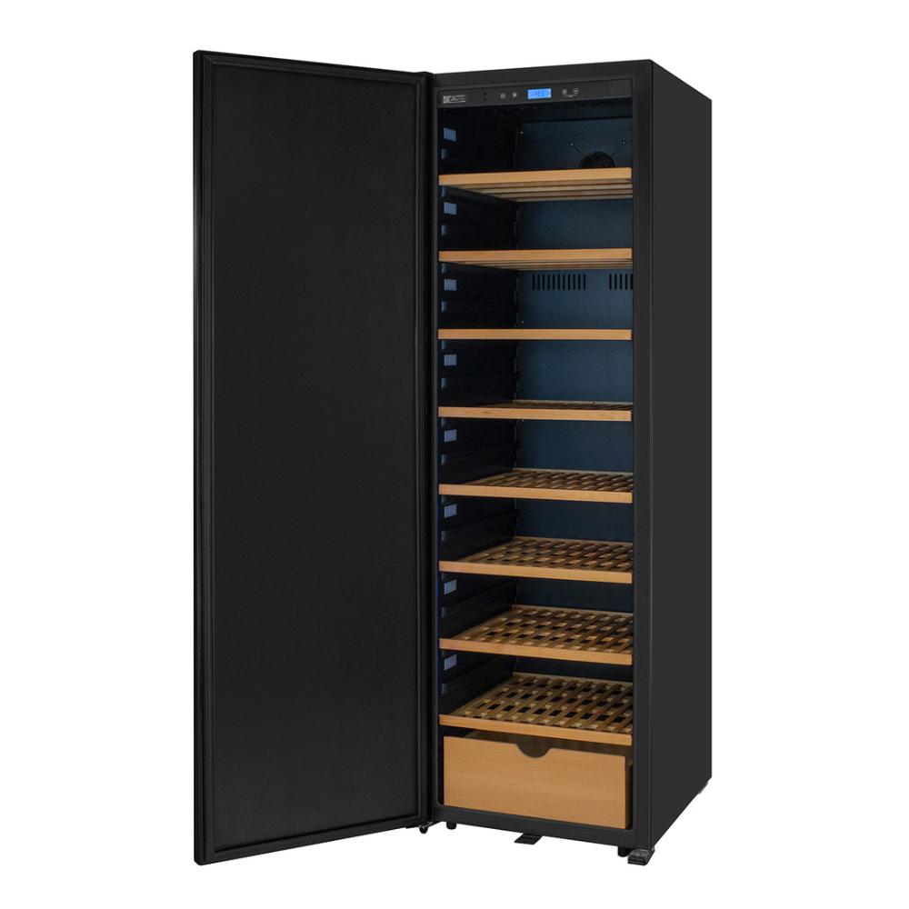 Interior of wine fridge illuminated by soft blue LED lighting