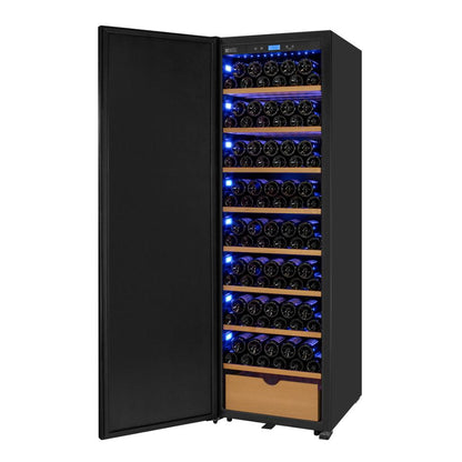 Freestanding tall black wine refrigerator in a luxury wine cellar