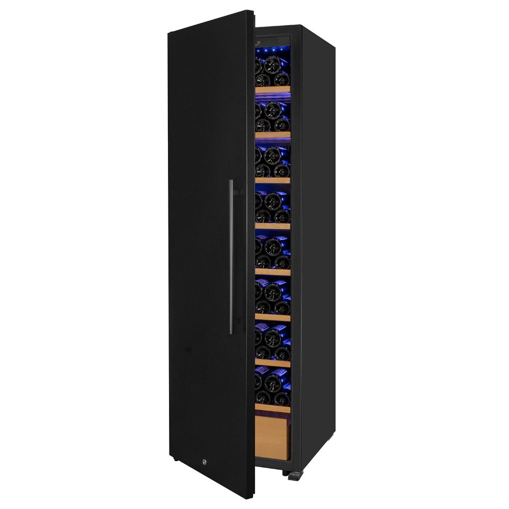 Black 185-bottle wine cooler with UV glass door closed