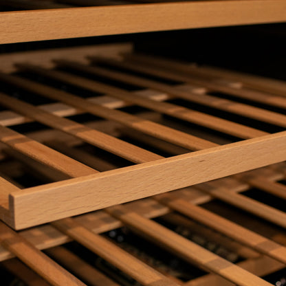 CLose up of wooden adjustable shelves in Allavino wine fridge