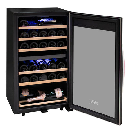 	Interior of the 28-bottle wine fridge showcasing adjustable shelving and soft LED lighting