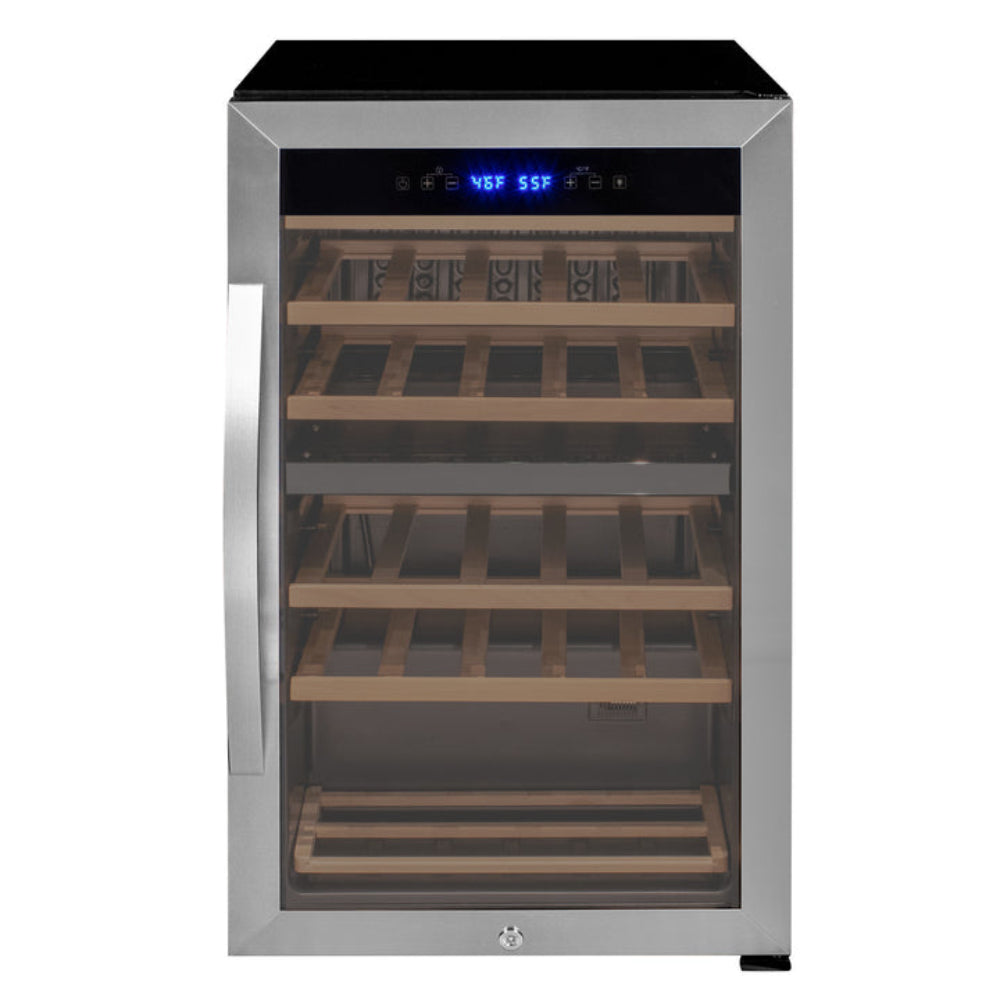 Front view of the Cascina Series 28 Bottle Dual Zone Wine Cooler with stainless steel right hinge door