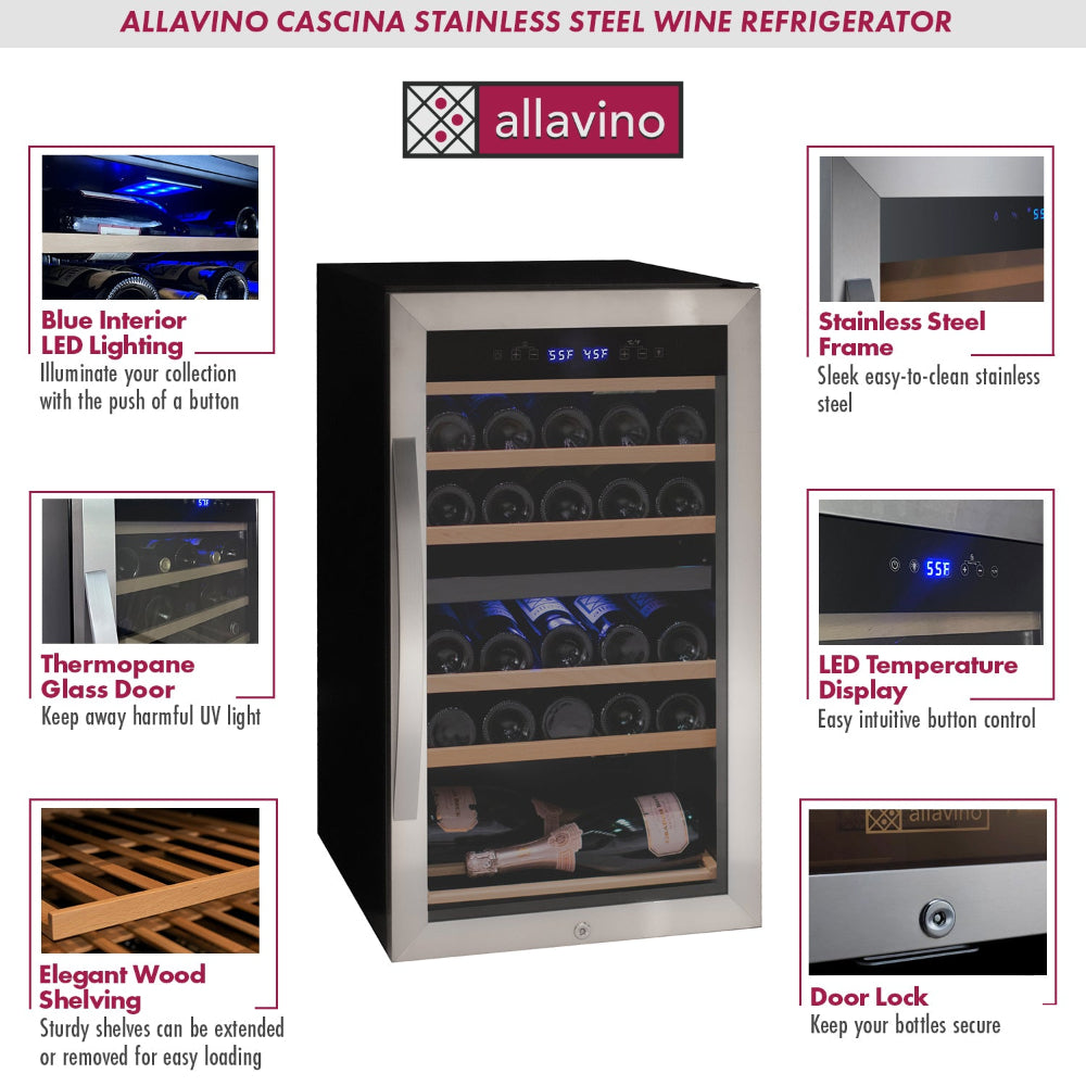 Allavino Cascina Series 28 Bottle Dual Zone Freestanding Wine Cooler Refrigerator - Stainless Steel Door