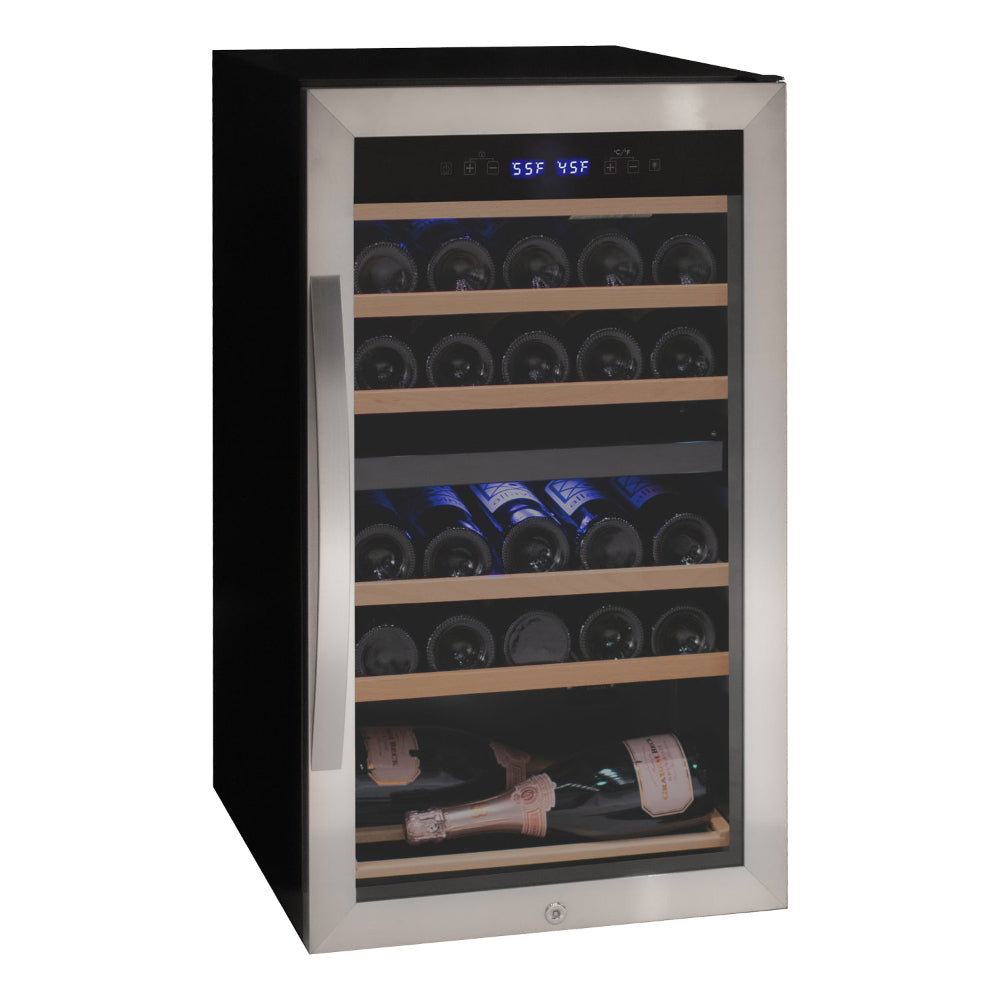 	Front view of the Cascina Series 28 Bottle Dual Zone Wine Cooler with stainless steel right hinge door