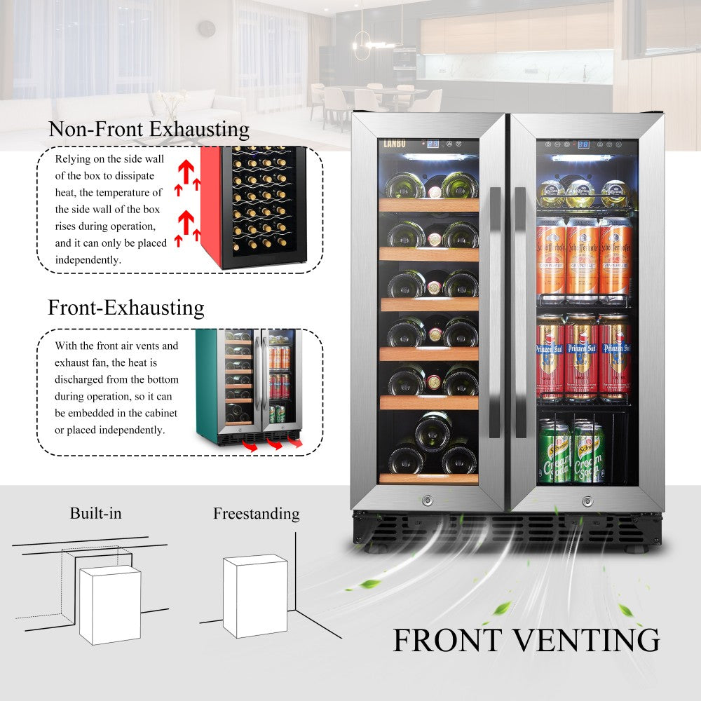 Lanbo 24-Inch Wine and Beverage Cooler – French Doors, Compact and Versatile Storage