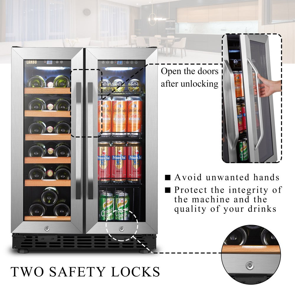 Curved stainless steel handle and soft white LED lighting in Lanbo LB36BD beverage cooler