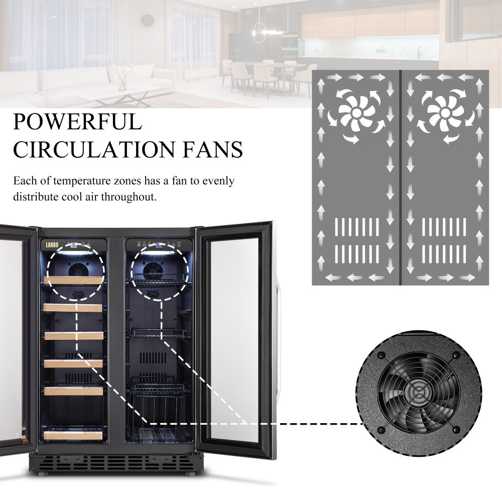 Interior view of Lanbo LB36BD wine and beverage cooler showcasing dual zones and soft LED lighting