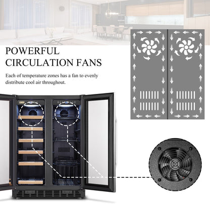 Interior view of Lanbo LB36BD wine and beverage cooler showcasing dual zones and soft LED lighting
