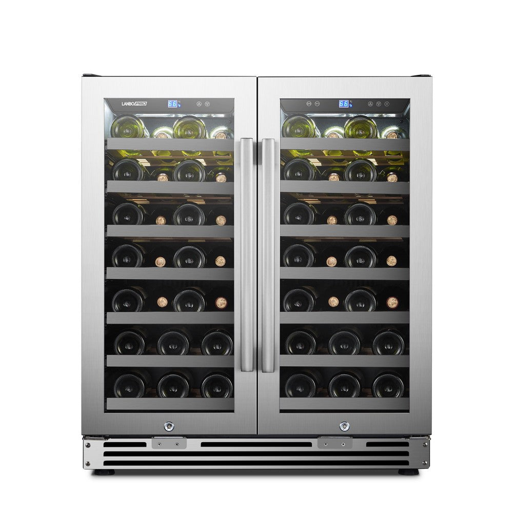 Close-up of the LanboPro 62 Bottle Dual Door Wine Cooler’s digital temperature control panel