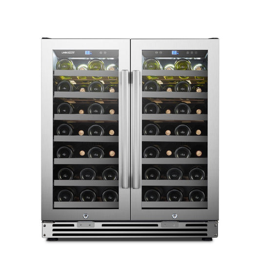 Close-up of the LanboPro 62 Bottle Dual Door Wine Cooler’s digital temperature control panel