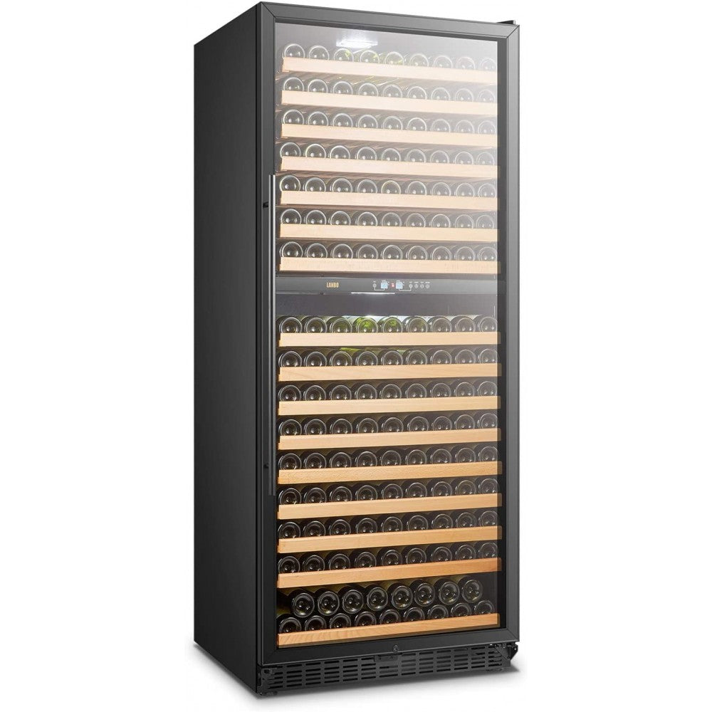 Side view of the Lanbo 287 Bottle Dual Zone Wine Cooler with stainless steel trim