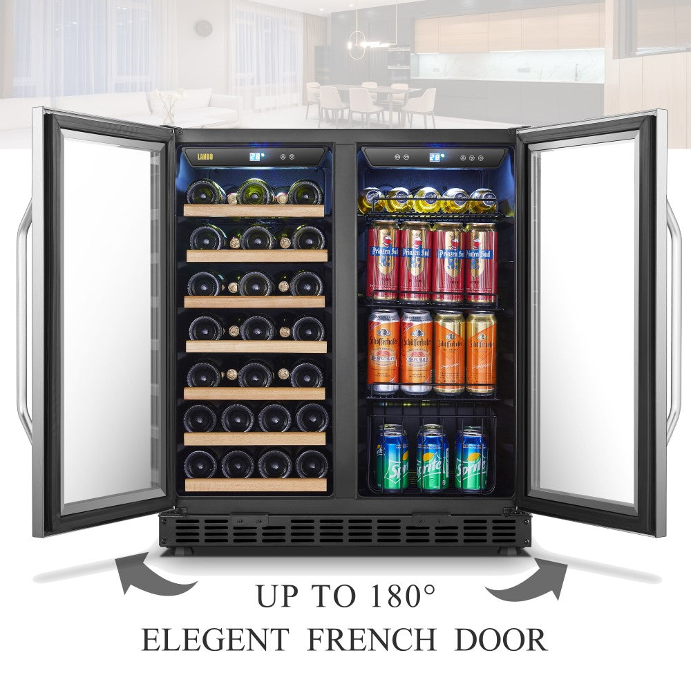 Lanbo LW3370B beverage fridge with separate zones for wine bottles and soda cans