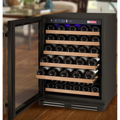 Luxury black wine refrigerator with left-hinge stainless steel door and adjustable storage