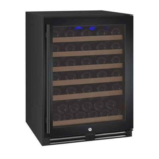 Front view of the FlexCount Series 56 Bottle Single Zone Wine Refrigerator with black right hinge door