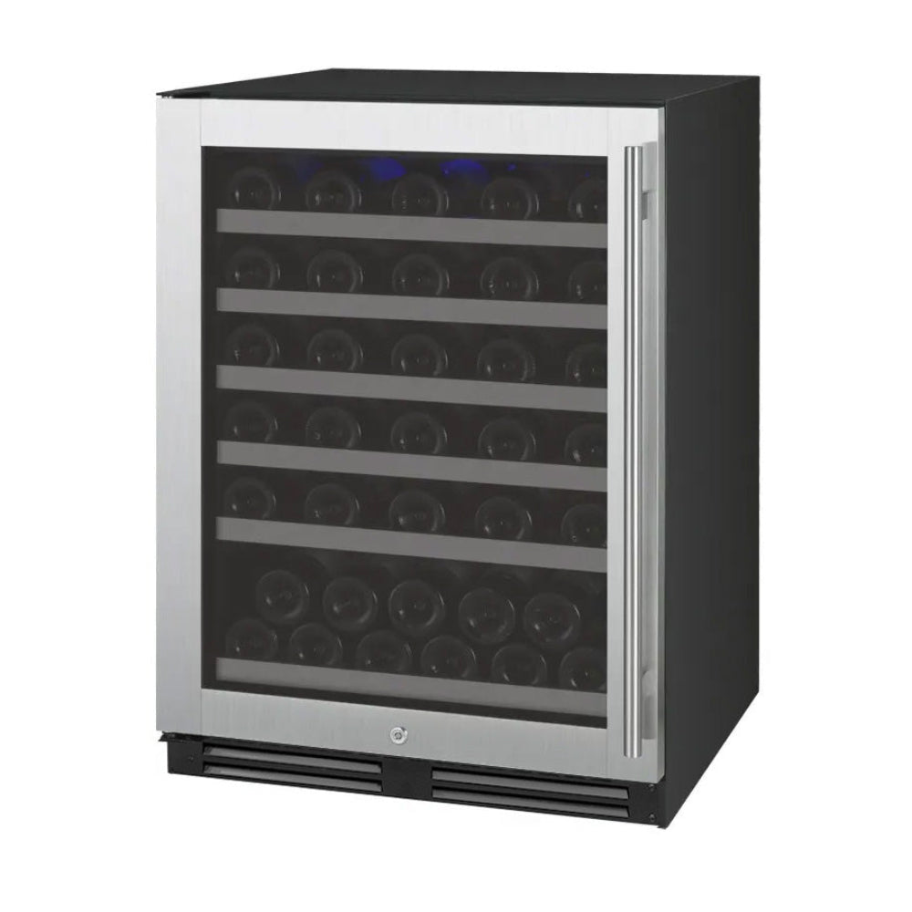 Front view of the FlexCount Series 56 Bottle Single Zone Wine Refrigerator with stainless steel left hinge door