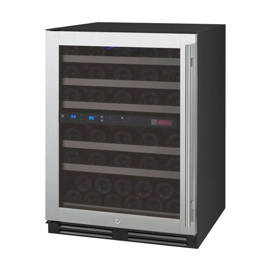 Front view of Allavino FlexCount 56 Bottle Wine Cooler – Showcasing the sleek stainless steel door and compact dual-zone design.