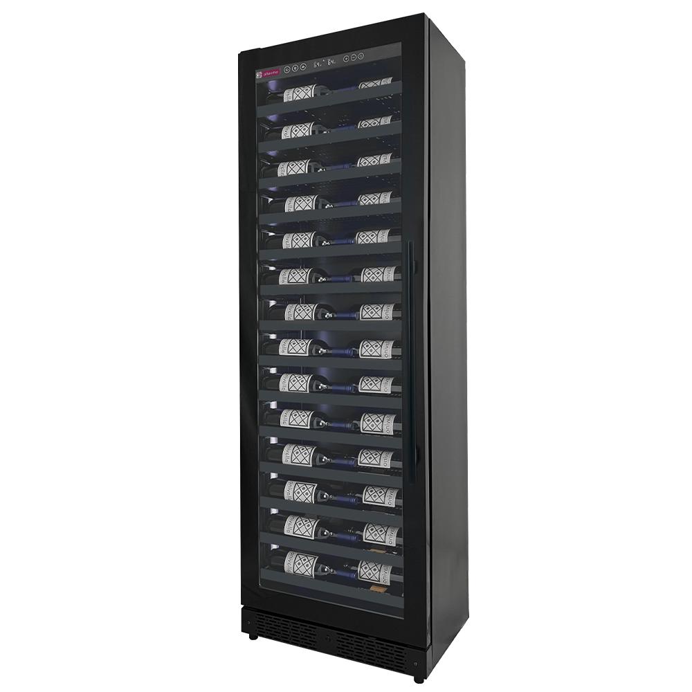 Black glass wine cooler with slim 67-bottle capacity