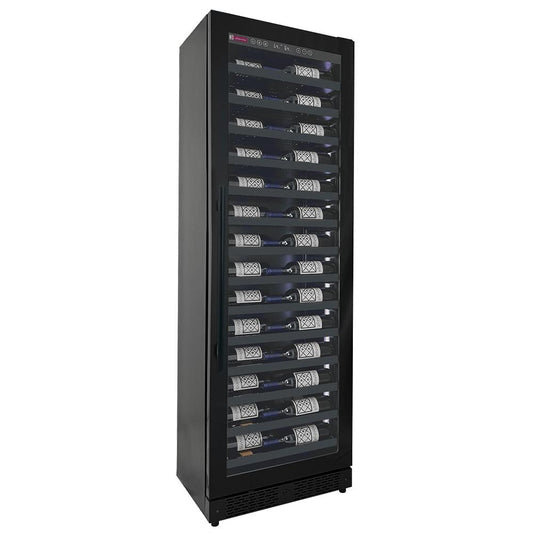 Black built-in 67-bottle wine cooler with right-hinged UV-protective glass door