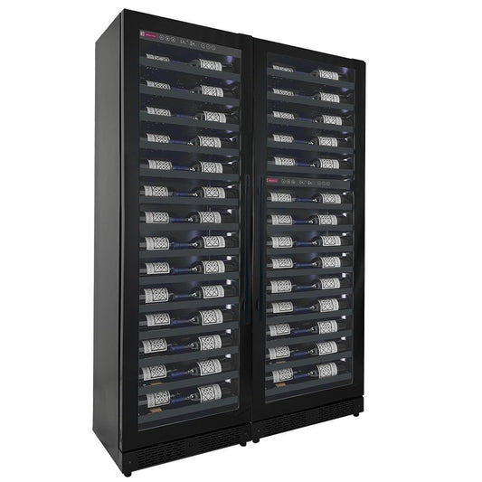 Quad-zone wine cooler with metal shelving and French doors