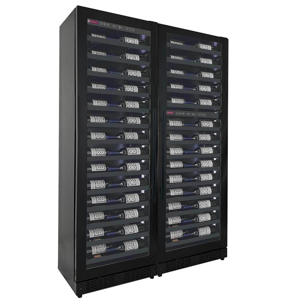 Quad-zone wine cooler with metal shelving and French doors