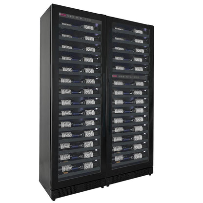 Quad-zone wine cooler with metal shelving and French doors