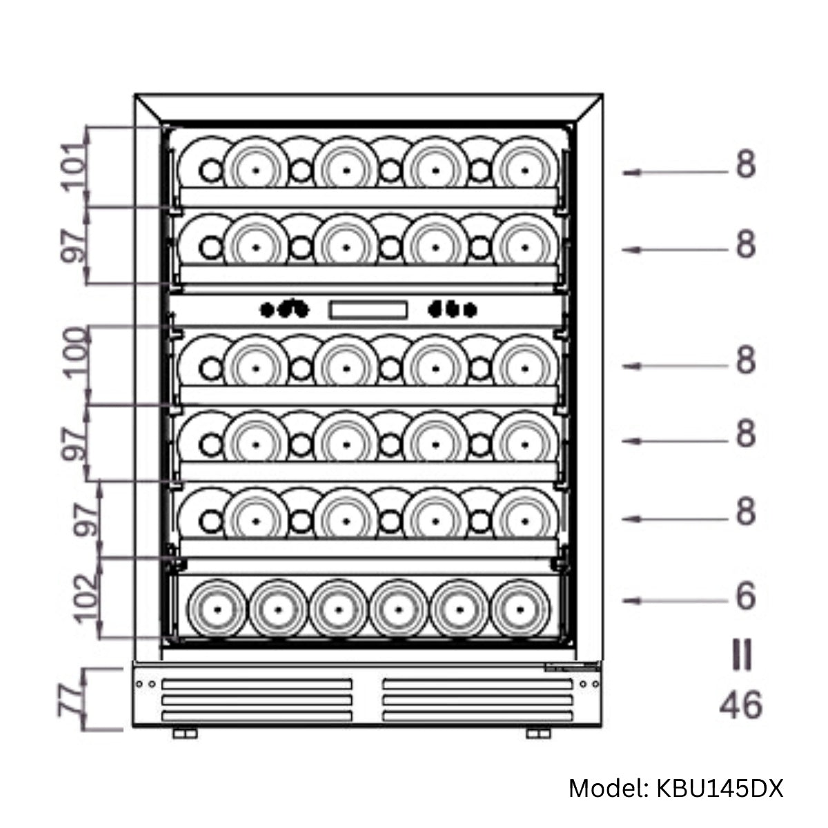 "Side view diagram of the KingsBottle wine cooler’s bottle configuration, showing capacity and arrangement for 46 bottles, including larger bottles like Champagne."