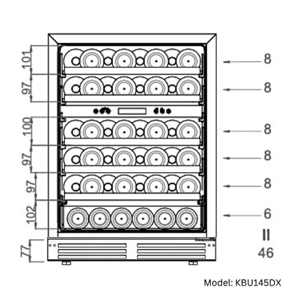 "Side view diagram of the KingsBottle wine cooler’s bottle configuration, showing capacity and arrangement for 46 bottles, including larger bottles like Champagne."