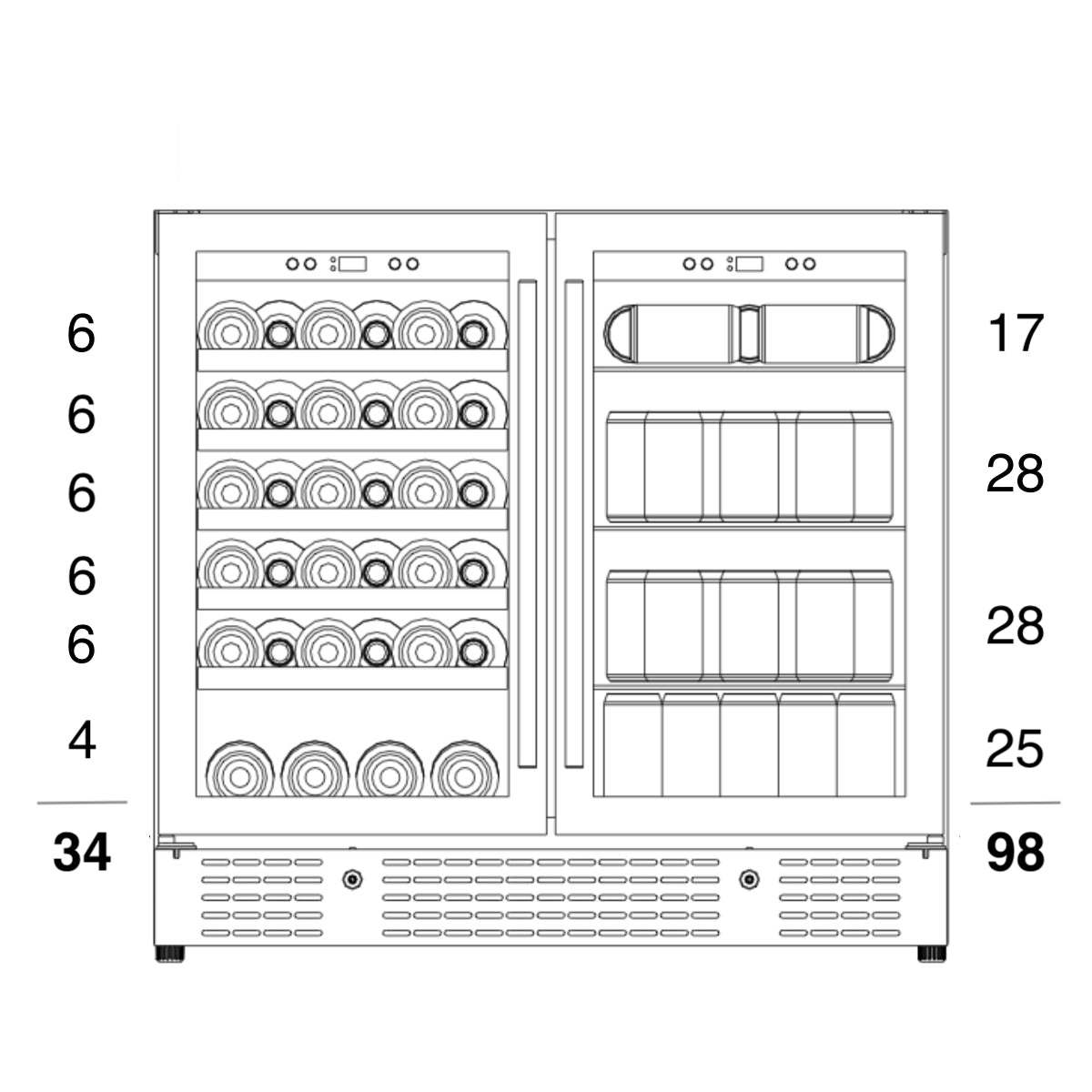 Bottle configuration of the KingsBottle KBU165 storing 34 bottles of wine and 98 cans.