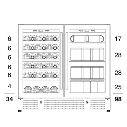 Bottle configuration of the KingsBottle KBU165 storing 34 bottles of wine and 98 cans.