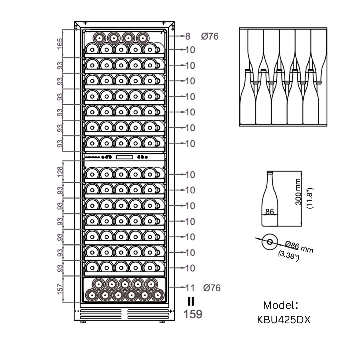 Schematic drawing show bottle configuration for the KBU425DX storing up to 159 bottles.